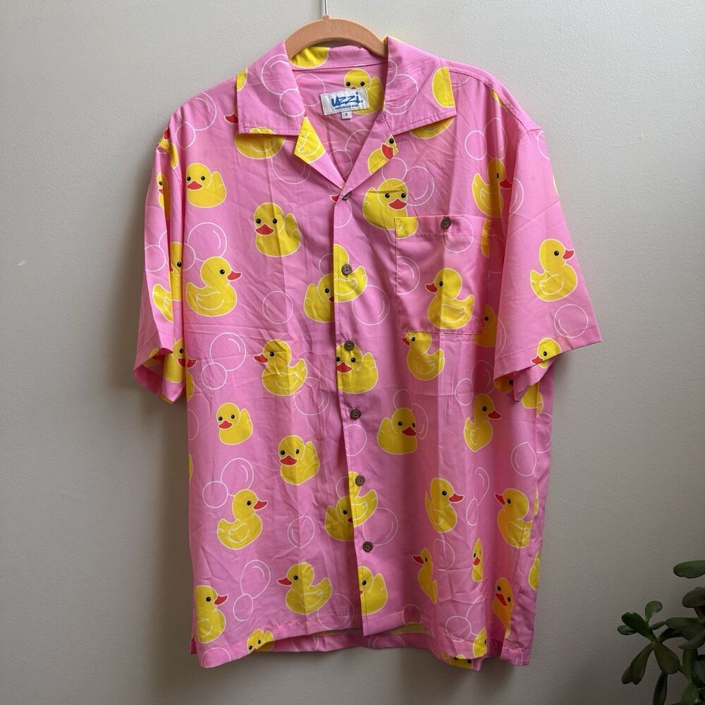 UZZI Amphibious Gear Pink Yellow Rubber Ducky Stretch Button Down Size Small